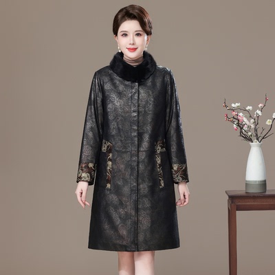 妈妈真皮羽绒服女中长款外套