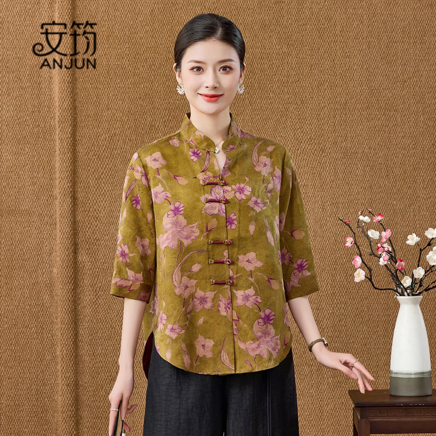 贵夫人桑蚕丝香云纱上衣新中式国风女装复古提花妈妈真丝衬衫外套