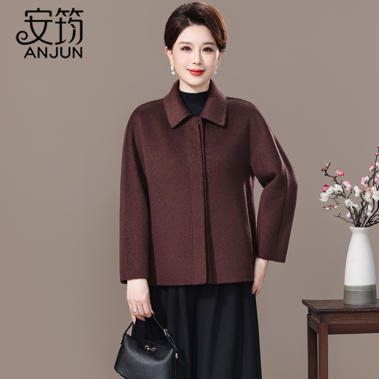 高端双面羊毛大衣短款减龄