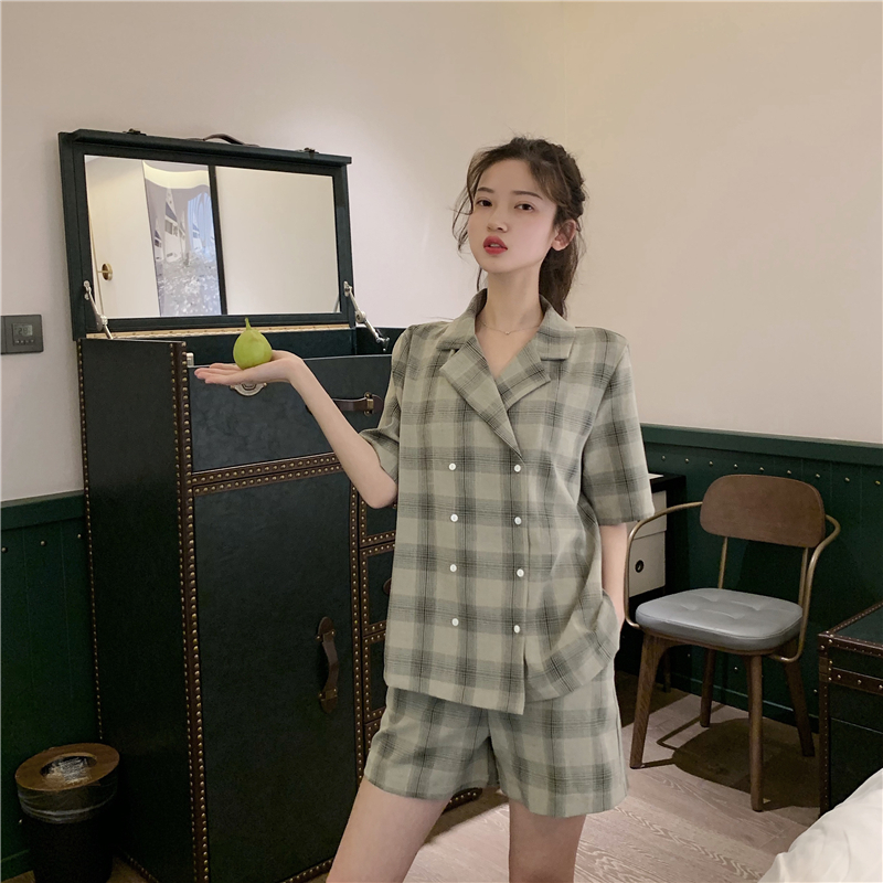 韩风宽松短袖格子西装外套女高腰阔腿短裤两件套洋气套装夏|ruв категории Женская одежда, костюм - от Buy2taobao.com для оказания профессиональной услуги покупки агента Taobao