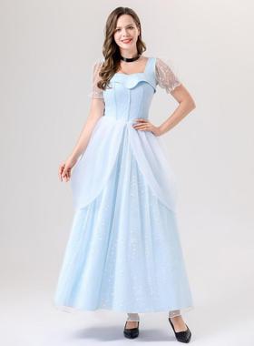 跨境 大人女士连衣裙cosplay仙蒂公主灰姑娘角色扮演出浅蓝色服装