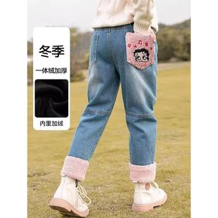 连体丝绒女孩秋冬外穿牛仔裤2024儿童冬季裤羊毛衬里加厚棉裤保暖
