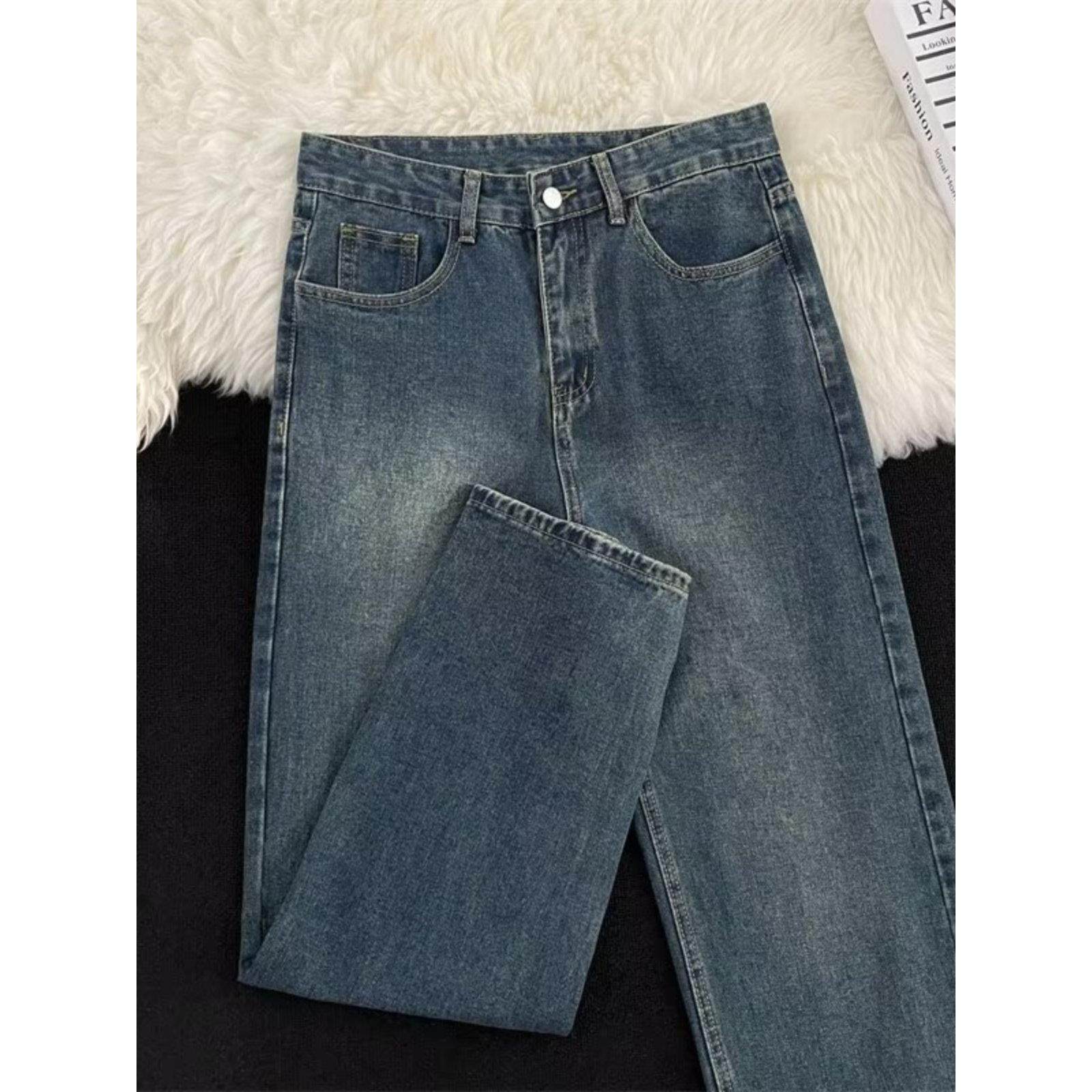 美式高街牛仔裤男款秋季潮牌复古做旧休闲裤子日系直筒宽松阔腿裤