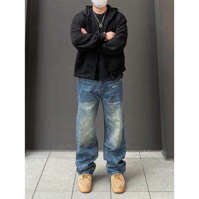 98SQUID 美式Vintage做旧磨破牛仔裤男女宽松直筒重磅质感长裤子