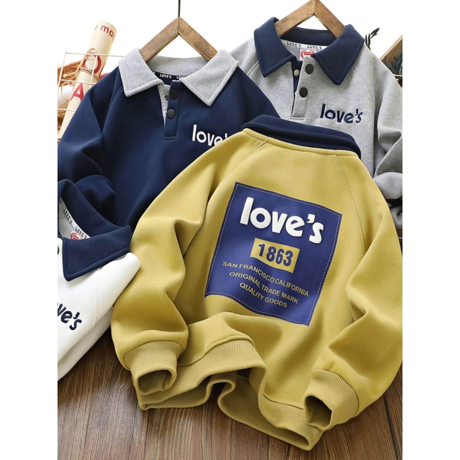 男童加绒翻领POLO卫衣2025冬季中大儿童加厚潮上衣覆合绒保暖绒衫