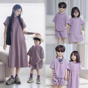 高端网红炸街亲子装夏装男童条纹短袖短裤套装母女紫色条纹洋装