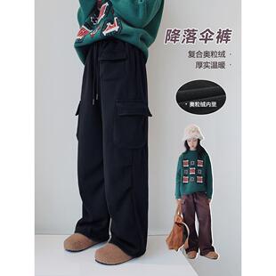 女大童加绒休闲裤2025秋冬新款初中生女孩帅气工装裤加厚直筒裤子