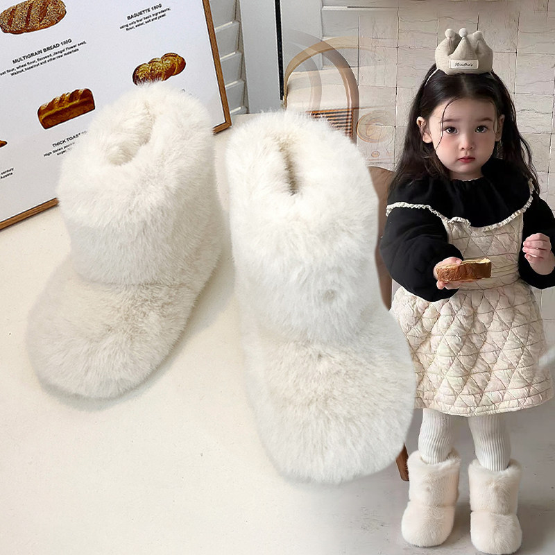 儿童保暖毛毛靴2025冬季新款女童加绒外穿雪地靴宝宝一脚蹬短靴子