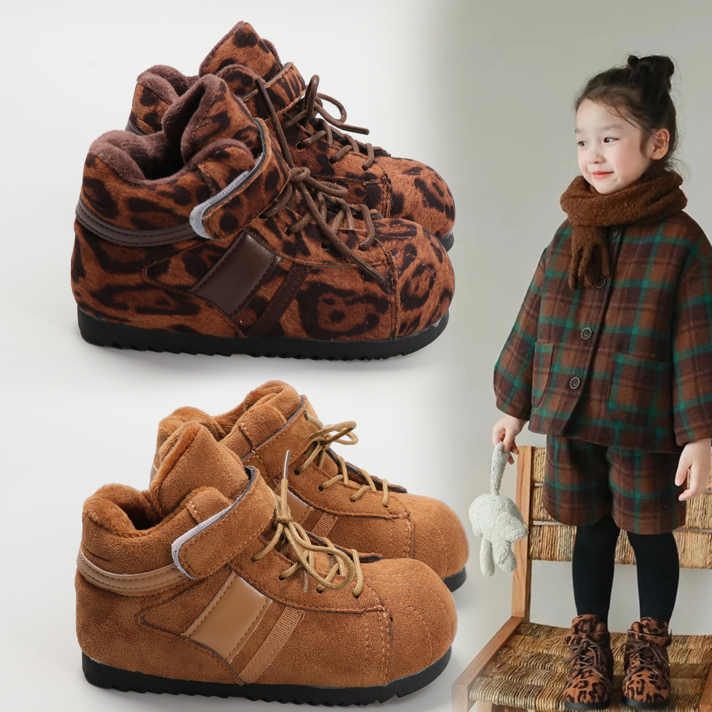 儿童豹纹运动鞋冬季加绒德训鞋