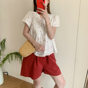 女夏季 新款 愛心短袖 甜美蕾絲拼接百搭減齡小衫 上衣 襯衫 蘇珊