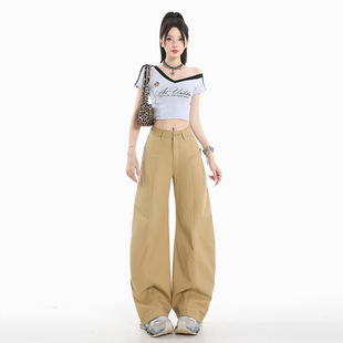 卡其色美式高腰牛仔裤女夏季薄款工装宽松显瘦复古弯刀阔腿裤百搭