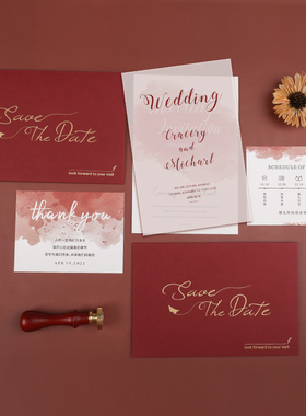 新款创意欧式请柬喜帖婚礼水墨风红色高级感请帖结婚邀请函定制