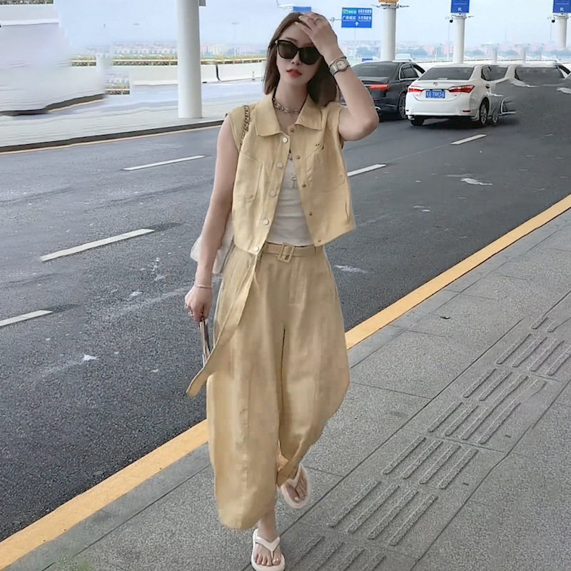 春夏款卡其色工装风马甲阔腿裤运动套装女2026新款夏季两件套女装