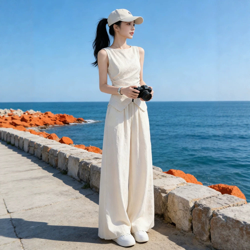 夏季高级感显瘦无袖上衣阔腿裤两件套春夏款轻熟优雅风运动套装女