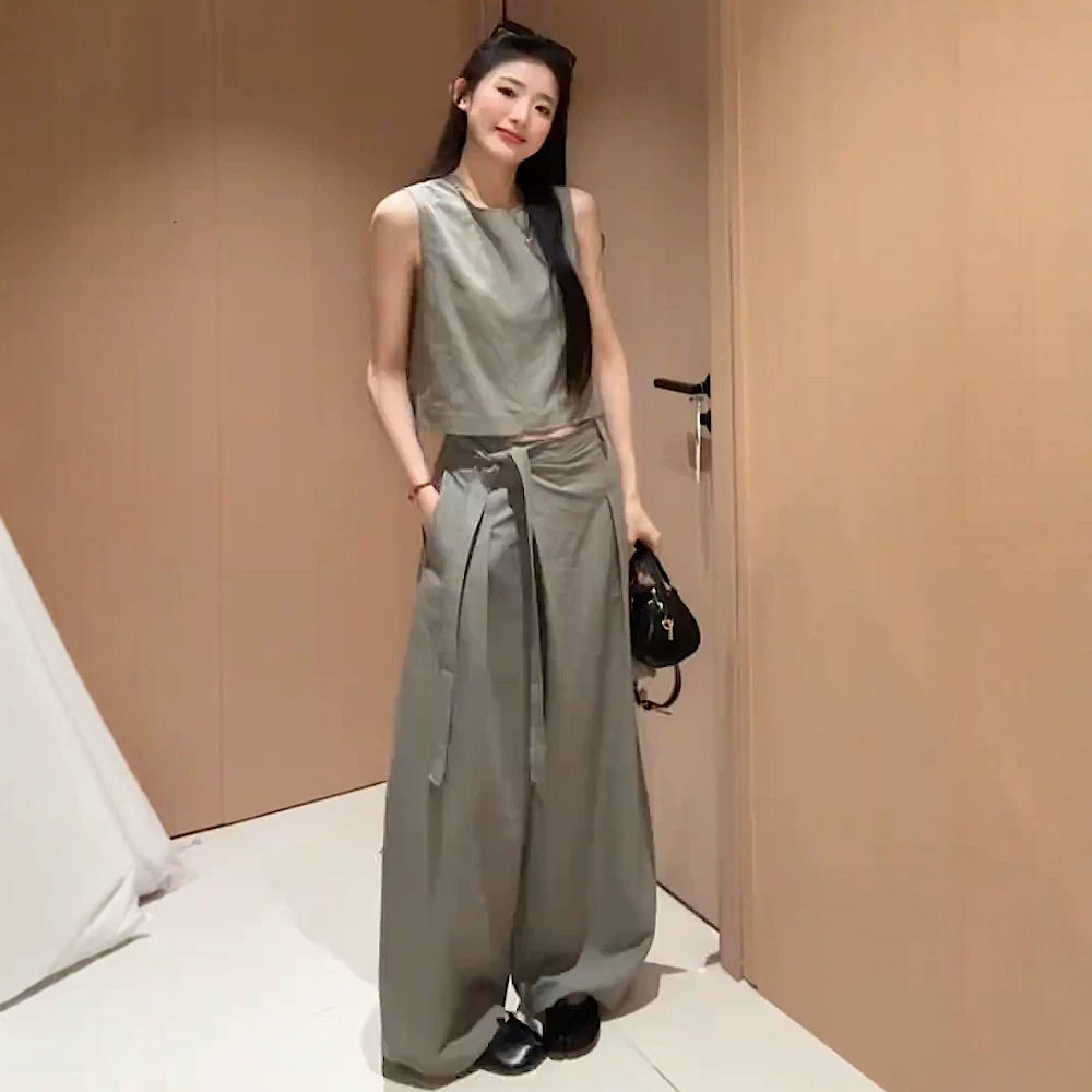 春夏款慵懒风无袖上衣系带阔腿裤运动套装女夏季松弛感宽松两件套