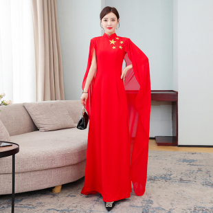 新款走秀旗袍红色高端演出服长款中国风合唱团改良连衣裙大袖