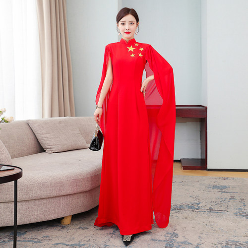 新款走秀旗袍红色高端演出服长款中国风合唱团改良连衣裙大袖