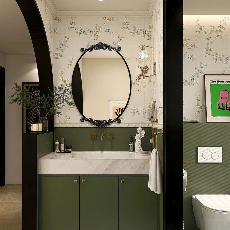 黑色复古雕花壁挂壁炉背景墙装饰镜美式卫生间卫浴镜卧室化妆镜子