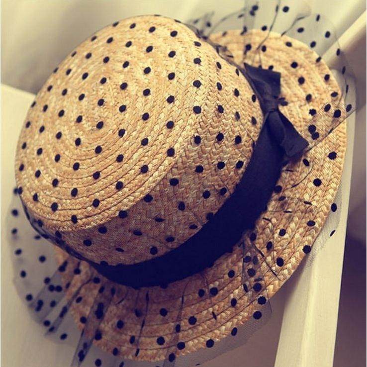 蕾丝网纱波点蝴蝶结麦秆女草帽公主款出游夏季平顶宽檐遮阳帽礼帽|msdalam kategori Aksesori/Belt kulit/Hat/Muffler, Hat - dari Buy2taobao.com untuk memberikan perkhidmatan ejen Taobao profesional membeli