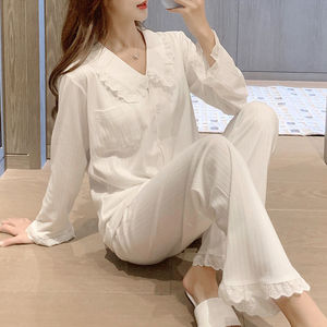 睡衣女春秋薄款长袖纯棉可爱春夏家居服两件套装网红爆款花边INS