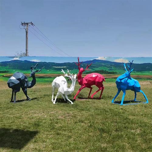 户外仿真玻璃钢彩色几何彩绘小鹿造型户外园林公园景观装饰品摆件