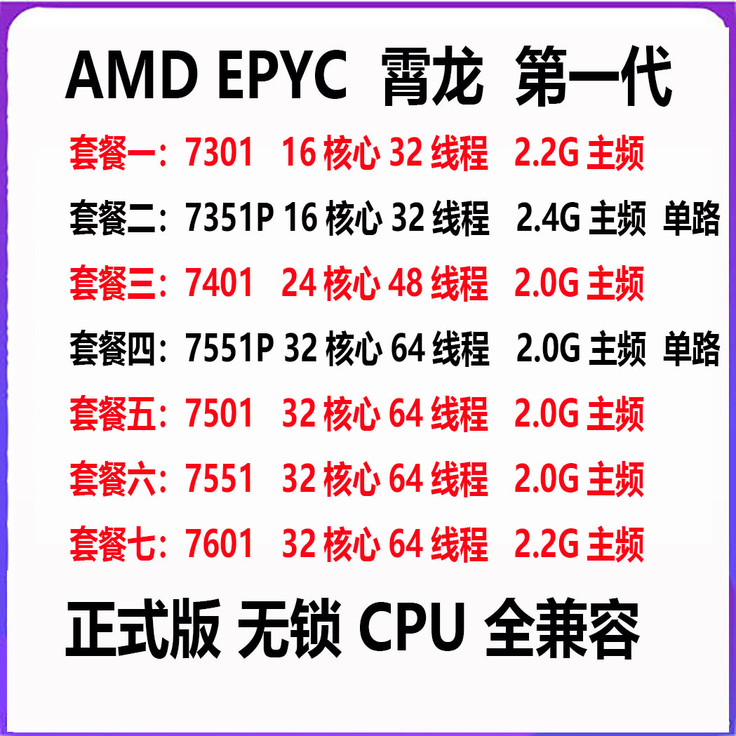 AMD EPYC 7301 7351P 7371 7401 7501 7551 7601 7551P无锁CPU