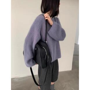 软糯奶fufu紫色水貂绒套头毛衣女秋冬外穿宽松慵懒毛茸茸针织上衣