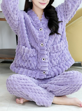 珊瑚绒睡衣女秋冬季紫色加厚保暖睡袍休闲鳞片印花家居服休闲套装