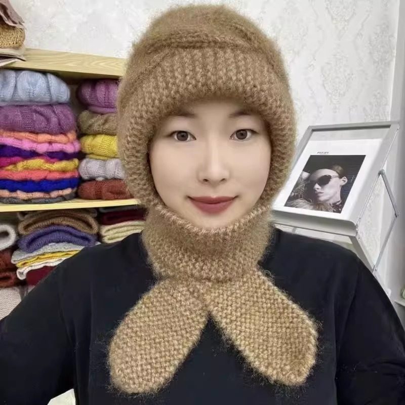 新款女士手工编织棋盘格麻花风雪帽秋冬加厚保暖一体毛线围巾帽子