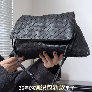 B家手工牛皮编织真皮女包intrecciato翻盖垃圾袋单肩抽绳腋下大包