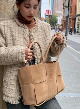 B家麂皮绒头层牛皮编织真皮女包单肩手提包磨砂质感tote购物袋潮