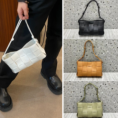 真皮手工编织手提腋下小方包