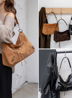 B家复古磨砂牛皮真皮女包lecitymoto柳钉机车包单肩腋下包购物袋