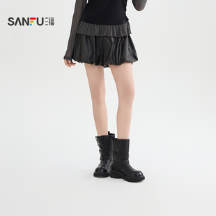 三福短裤2026春季街潮甜酷风绑带PU皮花苞裙裤女装520884