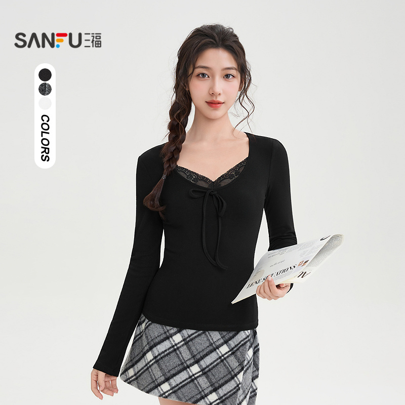 三福长T恤2025冬季绑带蕾丝合身正肩休闲针织上衣女装514296