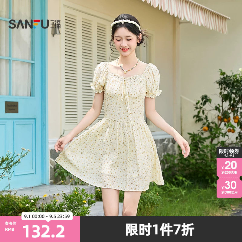 三福连衣裙2026夏季泡泡袖绑带碎花收腰清新裙子女装522021图片