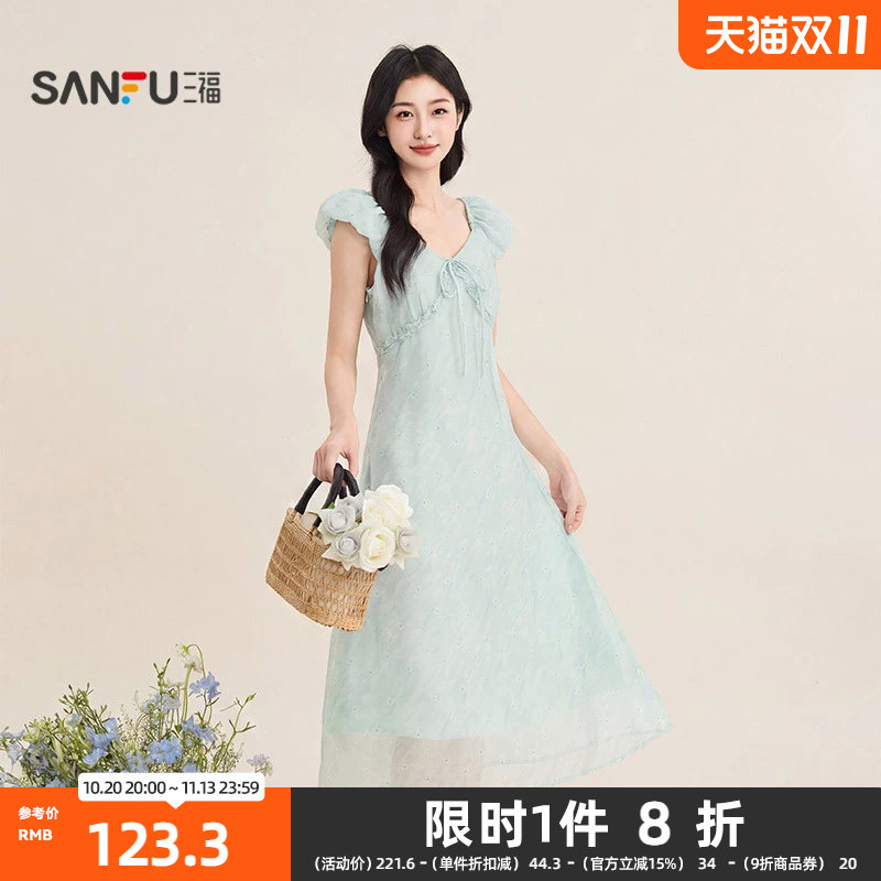 三福连衣裙2026夏季胸前绑带木耳边V领收腰花苞袖裙女装527200