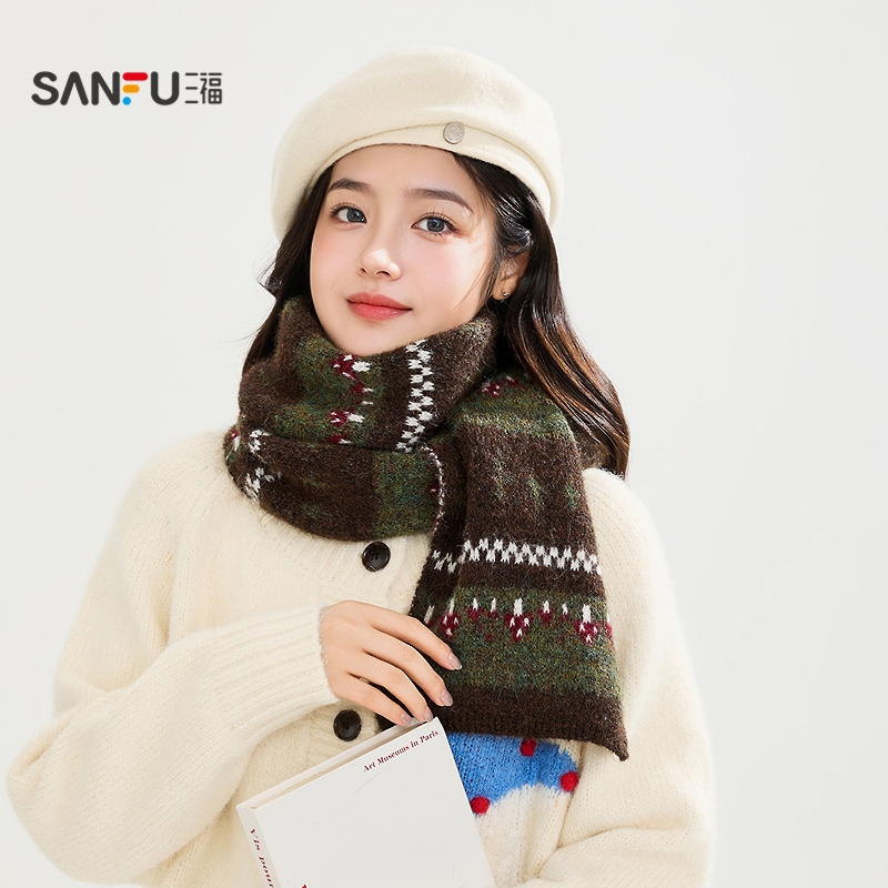 三福费尔岛小蘑菇长巾围巾 时尚氛围感服饰配件配饰围脖850753