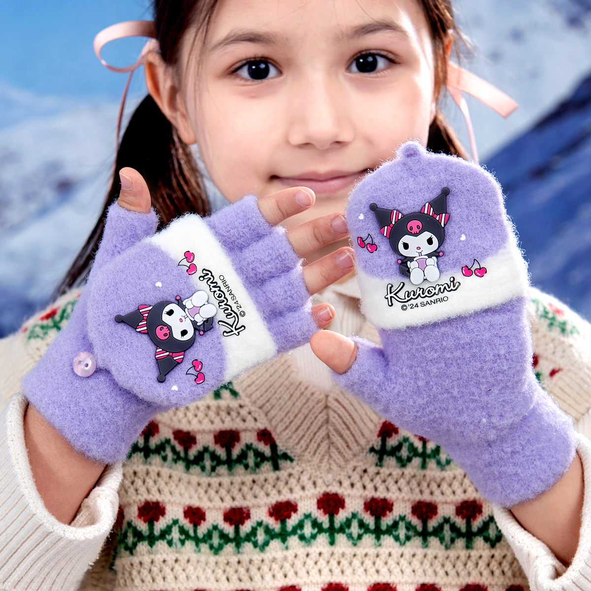 三丽鸥儿童半指翻盖手套保暖防冻