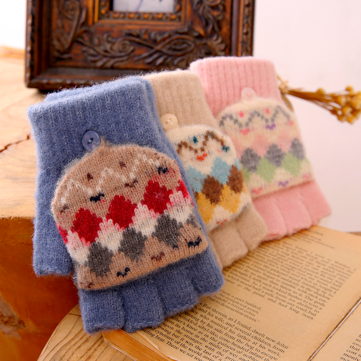 儿童毛线手套保暖半指翻盖针织男