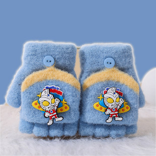 儿童手套奥特曼男童宝宝半指翻盖露指秋冬季保暖可爱男孩2025新款