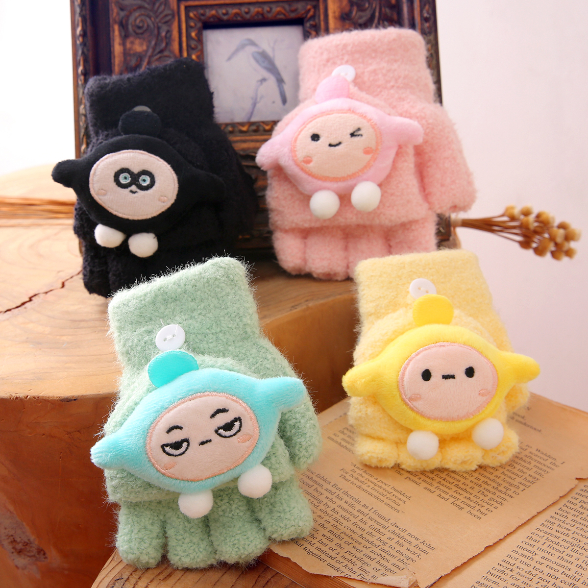 儿童半指翻盖保暖防寒手套