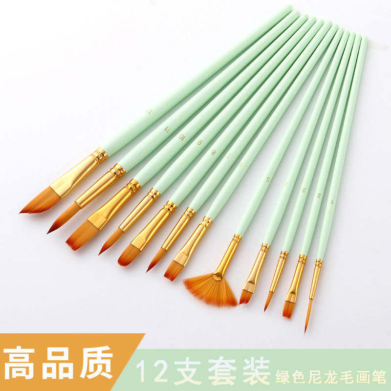 美术用品12支水彩画尼龙毛画笔水粉画排笔勾线笔油画丙烯画笔套装_虎窝淘
