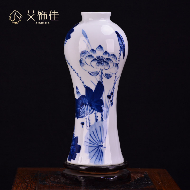 景德镇陶瓷手绘荷花青花花瓶新中式家居客厅电视柜装饰工艺品摆件