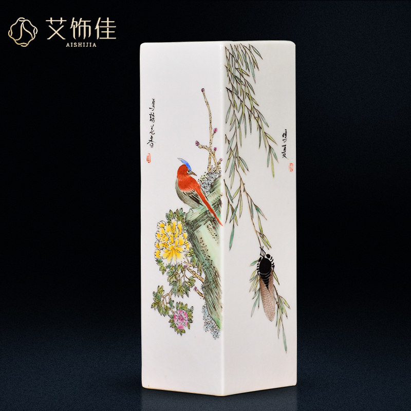 景德镇陶瓷器四方花瓶摆件名家手绘镶器中式客厅家居装饰收藏送礼