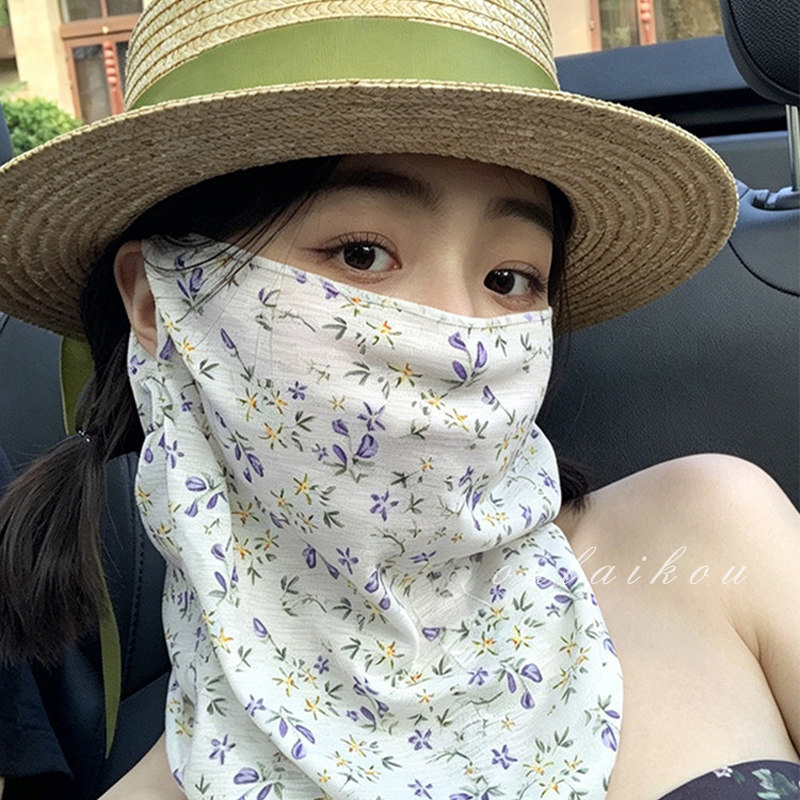 夏季全脸防晒面罩女骑行开车防紫外线碎花面纱口罩围脖遮阳护颈