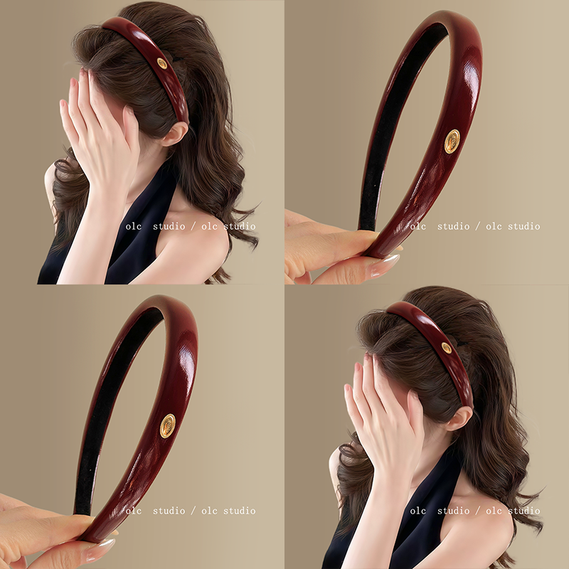韩系皮质酒红色细发箍高颅顶头饰秋冬压发头箍高级感洗脸外出发卡