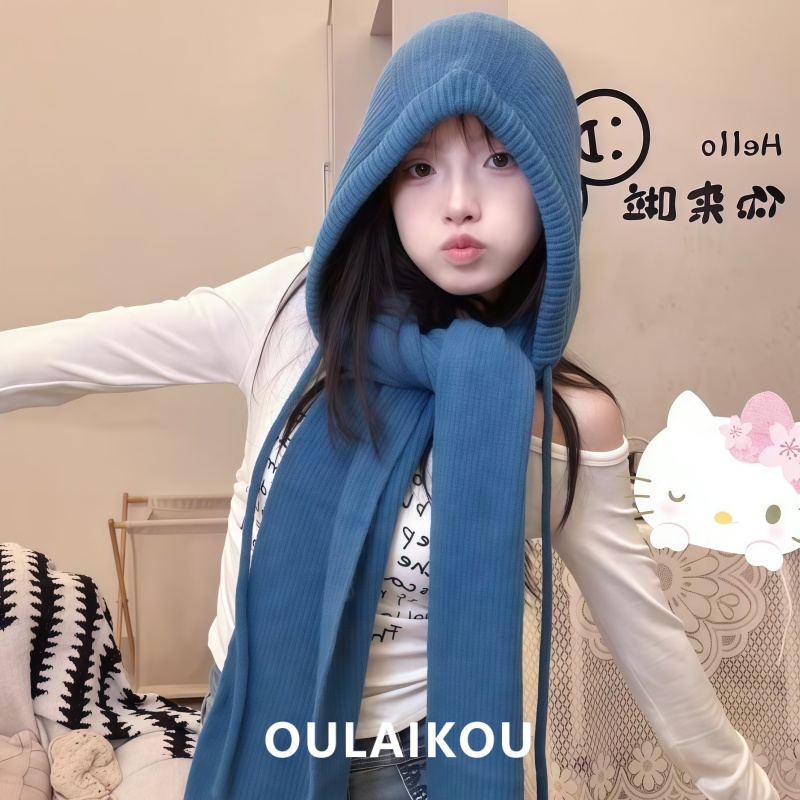 厚实保暖韩系女纯色细绳连帽围巾