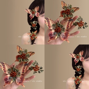 山野蝴蝶~覆古新中式枯叶蝶发夹气质侧边刘海夹氛围感拍照旅行饰