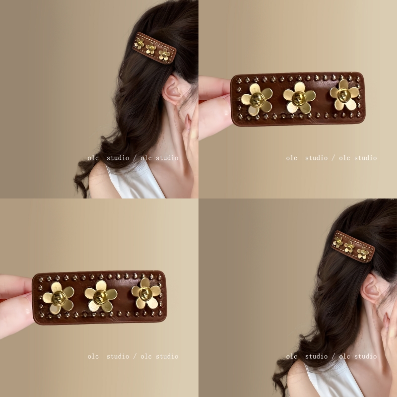 岛屋书店~复古金色小花皮质发夹